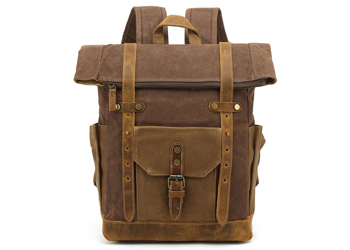 Cheap Canvas Leather Magnetic Snap Vintage Laptop Backpack High Grade Bronze Hardware for sale
