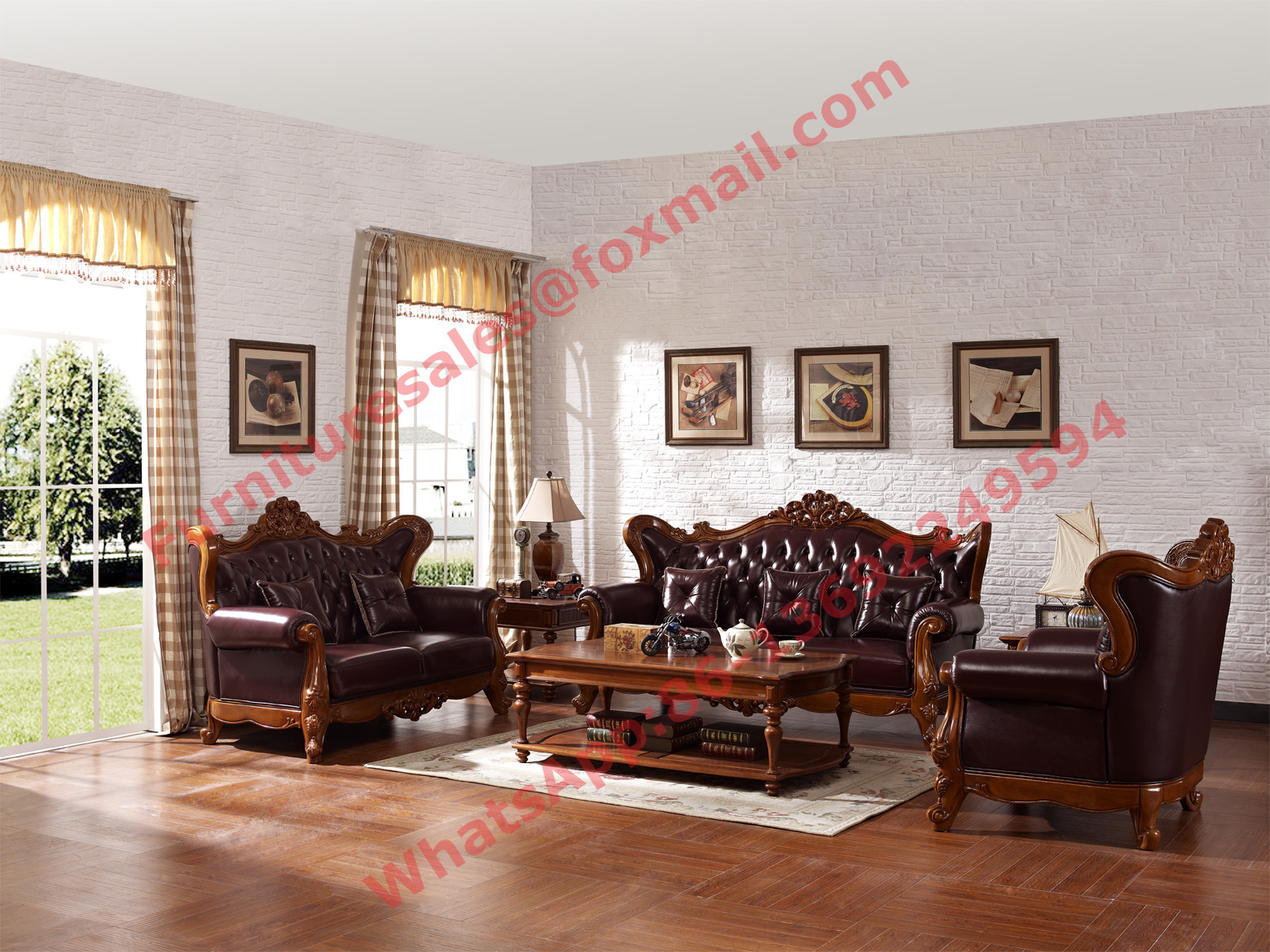 Cheap European Classic Solid Wooden Carving Frame with Italy Leather Upholstery Sofa Set for sale