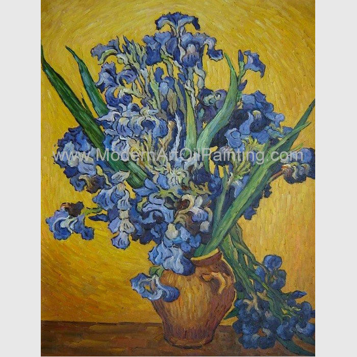 Cheap Custom Hand Painted Van Gogh Irises In Vase Against A Yellow Background for sale