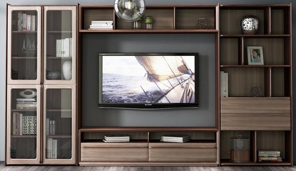 Cheap 2017 New Walnut Wood Furniture Design Living room Combined TV Wall Units by Tall Cabinets and Floor stand & Hang Racks for sale