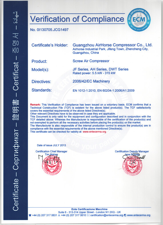 Guangzhou AirHorse Compressor co., ltd Certifications