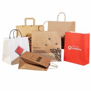 China Take Away Food Recycle Kraft Paper Bags With Handle CMYK Color on sale