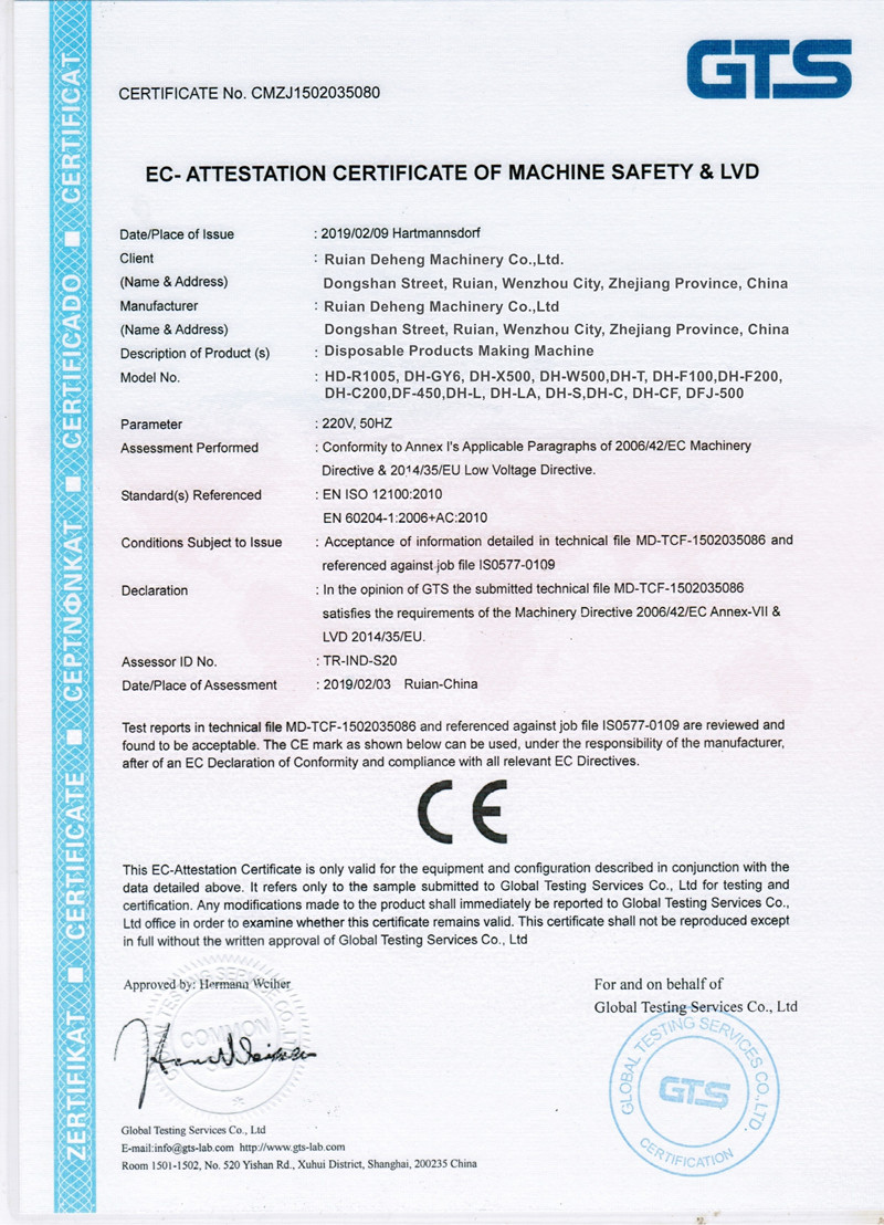 DEHENG MACHINERY CO.,LTD Certifications
