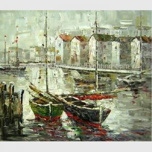 Cheap Bright Hand Painted Boats Oil Painting At Low Tide , Modern Abstract Canvas Art for sale