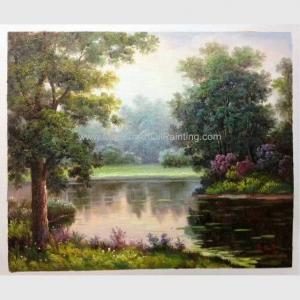 Cheap HandPainted Green Modern Contemporary Landscape Paintings Lakeside Stroll By Famous Artist for sale