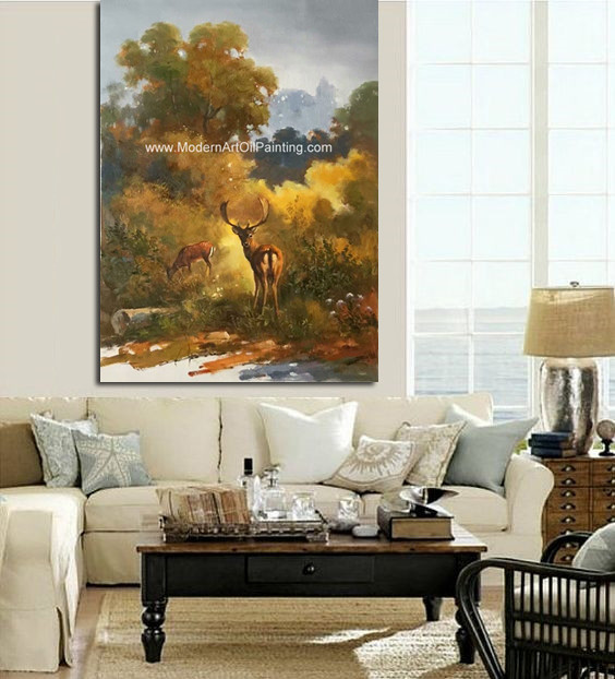Cheap Canvas Classic Animal Oil Painting , Two Deer Framed Wall Art 24&quot; X 36&quot; For Reading Room for sale