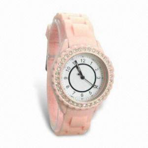Cheap Zinc-alloy Wristwatch with Silicone Strap, Stoned-Case, Japanese Movement 2035 for sale