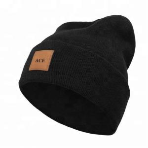 Cheap Comfortable Plain Knit Beanie Hats With Leather Patch Customized Size / Color for sale