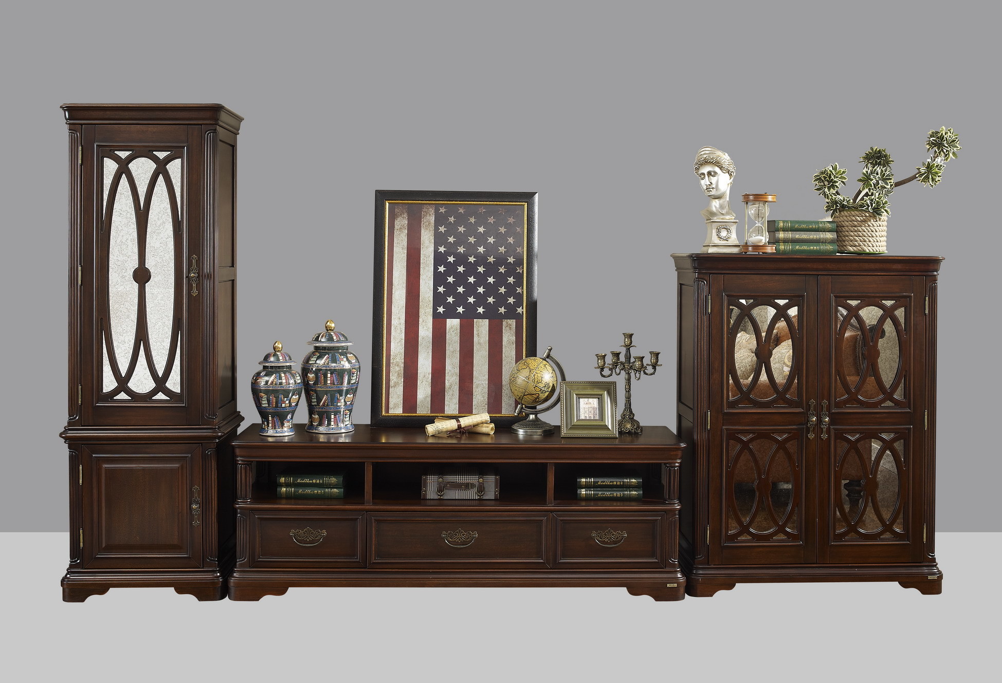 Cheap American Antique Living leisure room furniture sets Wooden TV wall unit set by Floor stand and Tall display cabinet for sale