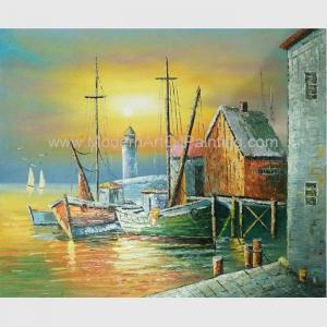 Cheap Sailling Boats Oil Painting Harbor , Modern Sunset Landscape Painting for sale