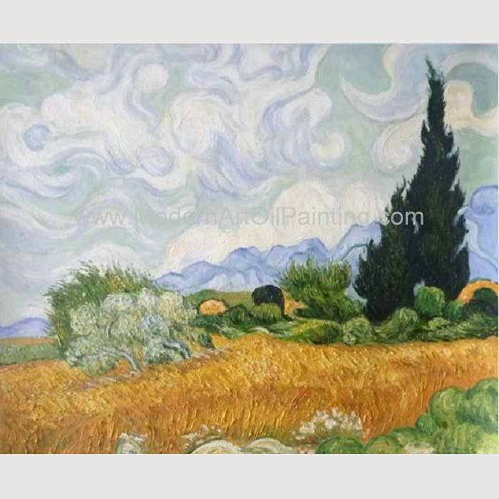 Cheap Handmade Vincent Van Gogh Oil Paintings Reproduction Wheat Field with Cypresses for sale