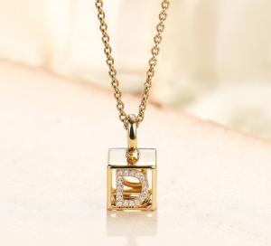 Cheap 0.03ct 18K Yellow Gold Diamond Necklace A-Z Initials 3D Cube for sale