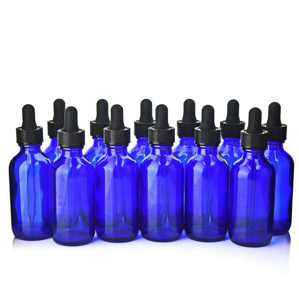 Cheap Blue Glass Dropper Bottles With Round Bottom And Black Child Resistant Cap for sale