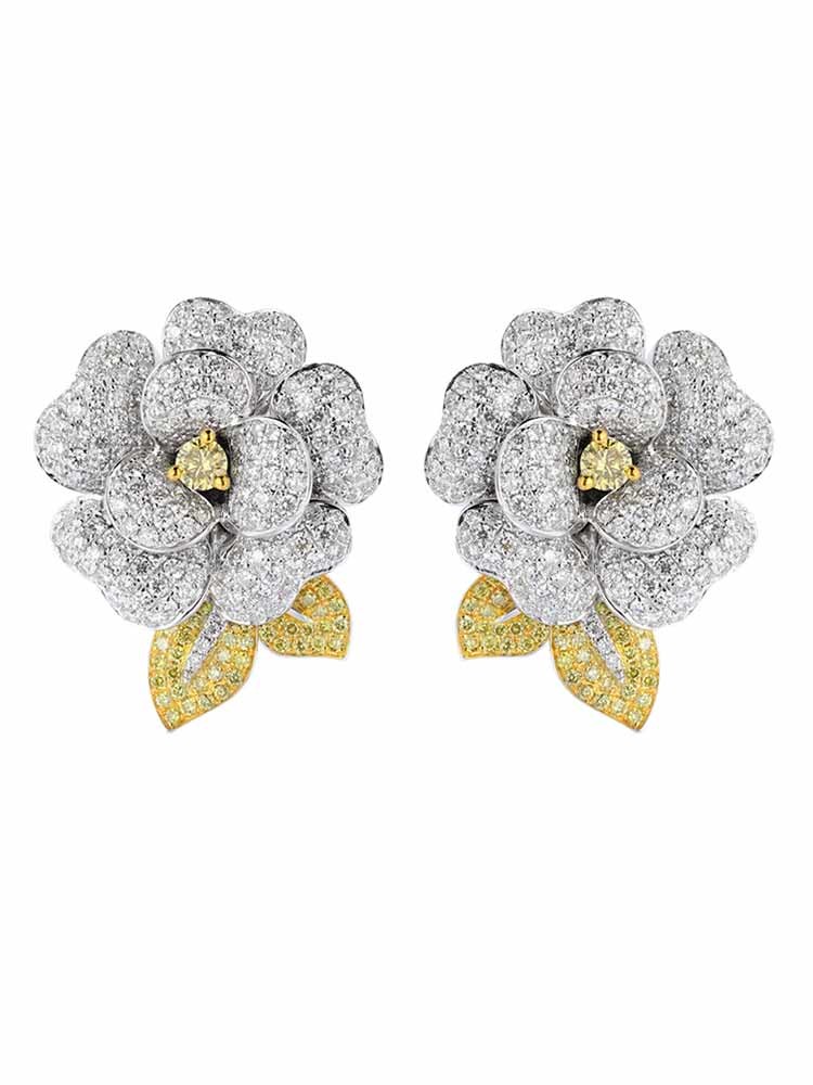 Cheap Camellia Ear Clip Ear Ring Design 18k White Gold Diamond Earrings For Women for sale