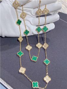 Cheap 18K Yellow Gold Van Cleef And Arpels Vintage Alhambra Necklace With Diamond And Malachite for sale