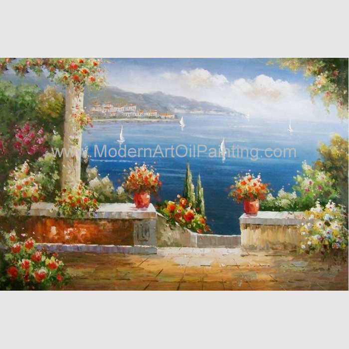 Cheap Mediterranean Garden Wall Art Sea Landscape Oil Painting Vacation Harbor for sale