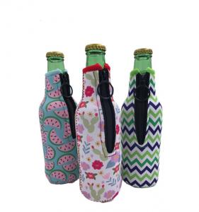 Cheap Sublimation Printing Neoprene Single Beer Bottle Cooler with zipper for Promotion Gift size is 19cm*6.3cm, SBR material. for sale