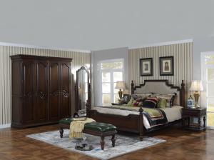 Cheap Sandalwood Bedroom set Classic style BT-2902 High fabric Upholstered headboard Wooden king size bed with Cloth Wardrobe for sale
