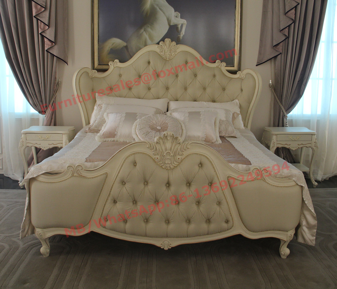 Cheap Exquisite Fabric Padding Headboard with Solid Wood Bed in Ivory White Painting for sale