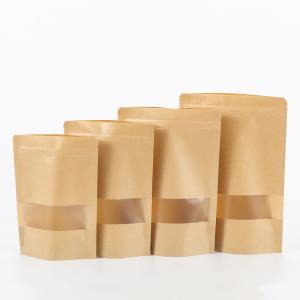 China Customized Logo Print Zip Lock Stand Up Pouches Brown Kraft Paper Bag With Window on sale