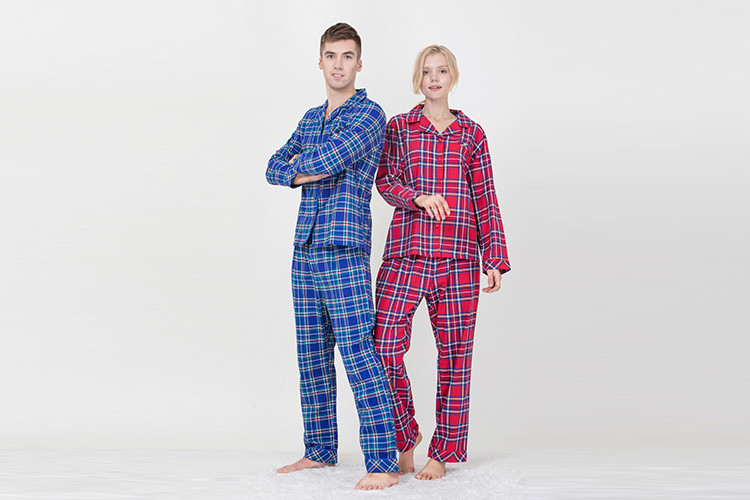 Cheap Lovers Pyjamas Cotton Yarn Dyed Check Flannel Long Sleeve Long Pants Satin Piping Pocket Satin Fabric Covered Buttons for sale