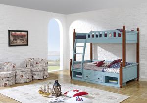 Cheap Sky blue painting bunk bed for children bedroom in solid wood frame and MDF plate with storage drawers in apartment furn for sale