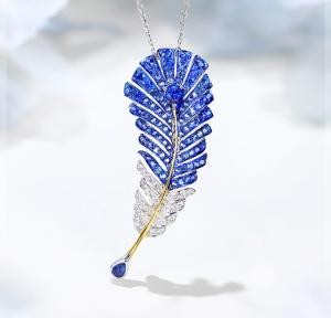 Cheap Brooch Sapphire Virgo Necklace 0.25ct Diamond Feather Pendant for sale