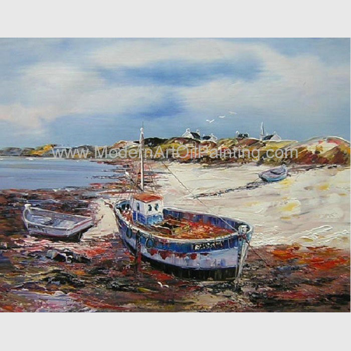 Cheap Hand Painted Fishing Boats Oil Paintings, Abstract Canvas Painting on Beach for sale