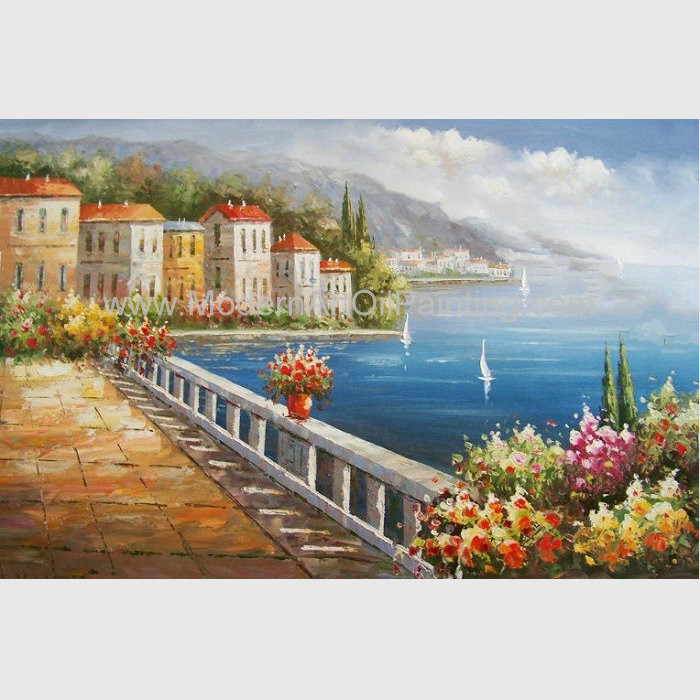 Cheap European Mediterranean Oil Painting , Handmade Canvas Flower Garden Oil Painting for sale