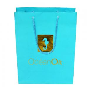 China Blue Recycled Paper Gift Bags String Handle Kraft Paper Shopping Bags on sale