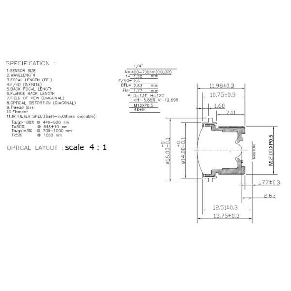 1.2mm rear view lens, 1/4, HFOV: 120 deg, MR-H9053