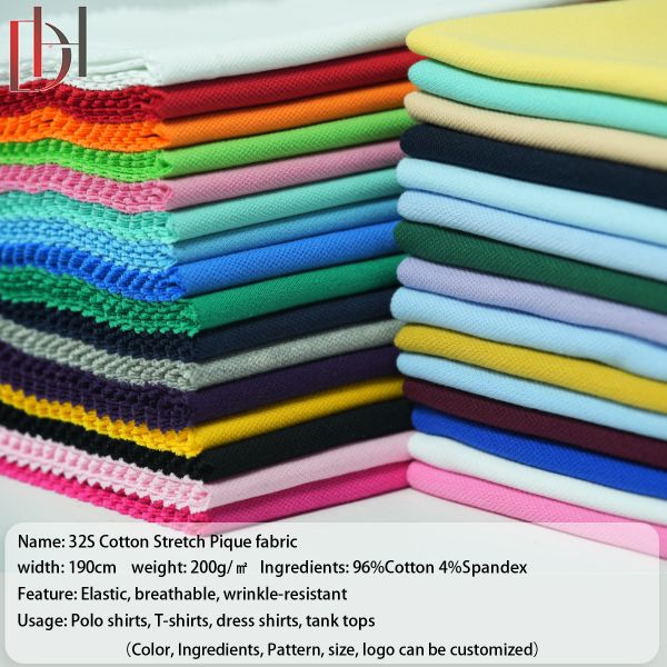 Plain Dyed 96% Cotton 4% Spandex Fabric Summer Business T Shirt Wicking Rib Pique Fabric 200g