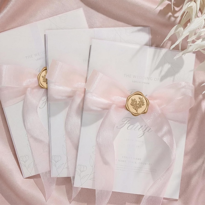 Custom vellum jacket wedding invitation cards with wax seal and ribbon