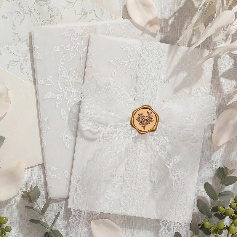 Custom vellum jacket wedding invitation cards with wax seal and ribbon
