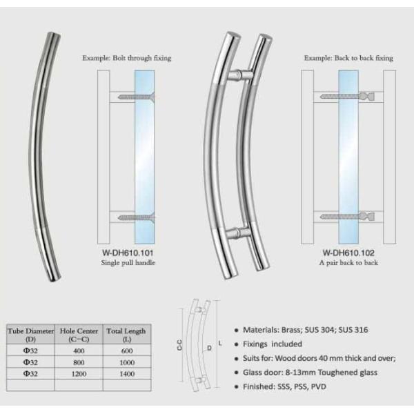 Modern curve Bar timber Door Handle Pull push Glass door Entry Exterior Interior Gate Entrance Brushed Finish W-DH610