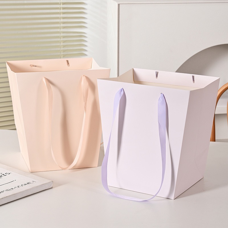 Trapezoidal Paper Flower Bags with Ribbon Handles for Gift Packaging