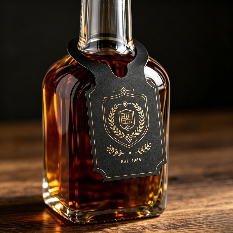 Black Vellum Paper Liquor Neck Tag With Gold Foil For Bottle Packaging