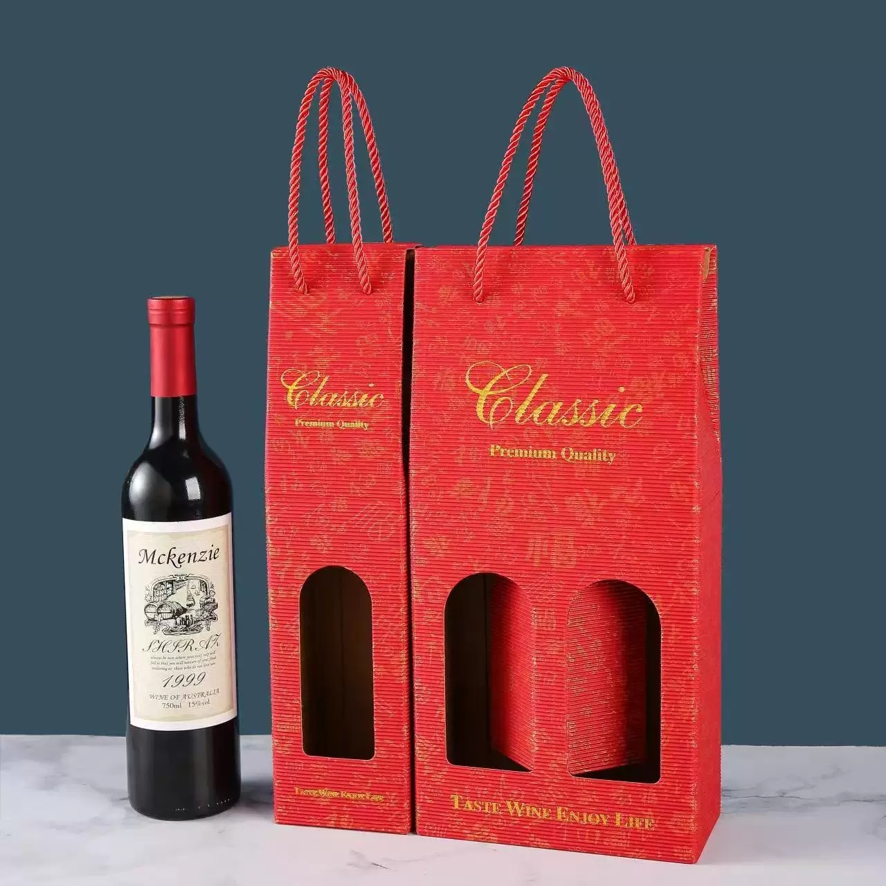 Corrugated Wine Packaging Boxes Window Rope Handle For Bottle Gift