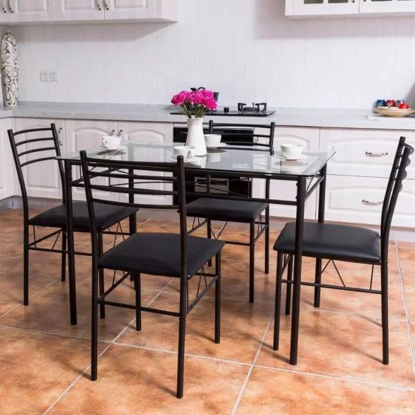 Anti Wear 5 Piece Metal Dining Table Set Tempered Glass Top Table And Chairs