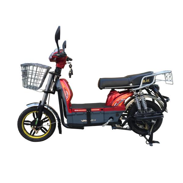 450W Adult Electric Bicycle Red Battery Operated Bikes With Motorcyle Seat Steel Frame