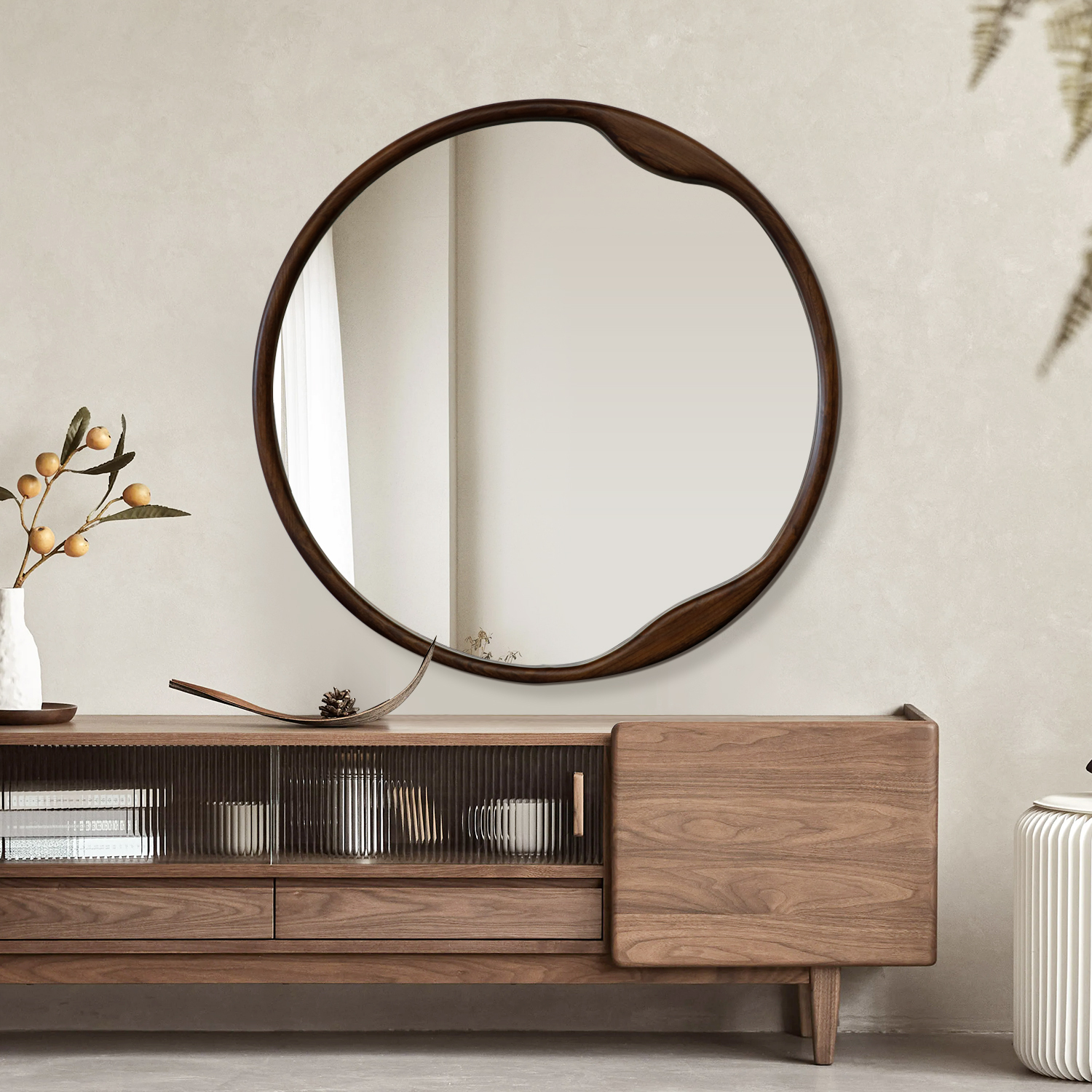 Irregular Round Wood Frame Wall Mounted Bathroom Vanity Mirror For Decoration