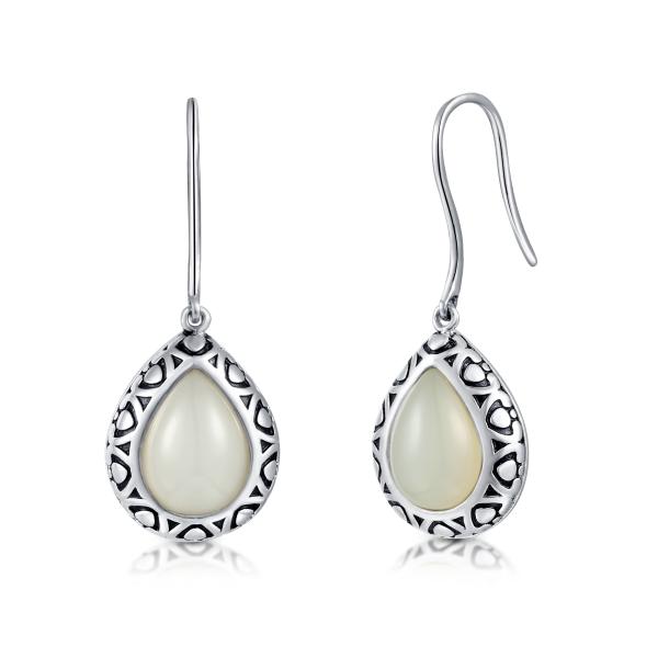 Carved 925 Sterling Silver Gemstone Earrings 5.63g Pear Shaped White Jade