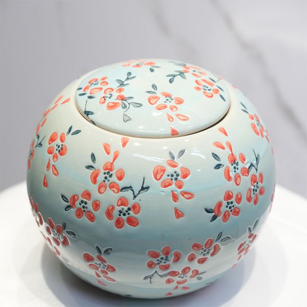 Decorative Ceramic Funeral Urn with Red Berry Design