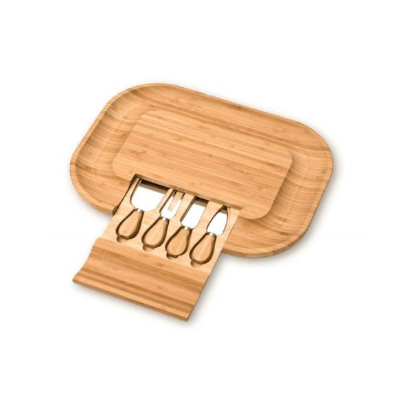 Fancy Bamboo Cheese Board Set No Plastic With Cutlery In Slide - Out Drawer