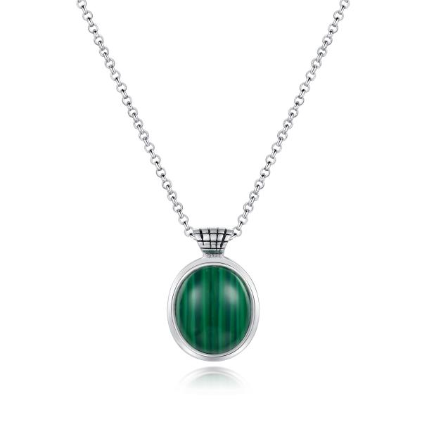 925 Sterling Silver Malachite Pendant 13x15mm Oval Shaped For Women