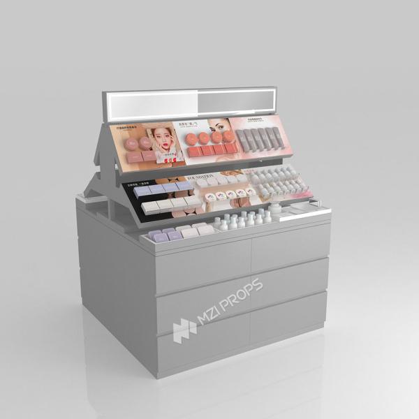 Store Stand Grey Wooden Staircase Makeup Island For Branding Display Furniture And Premium Shop Counter