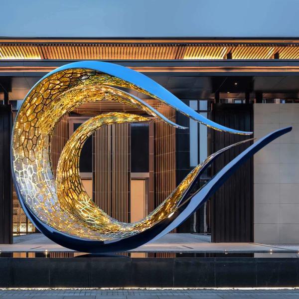 Modern Wave-Inspired Stainless Steel Light Sculpture For Public Decoration