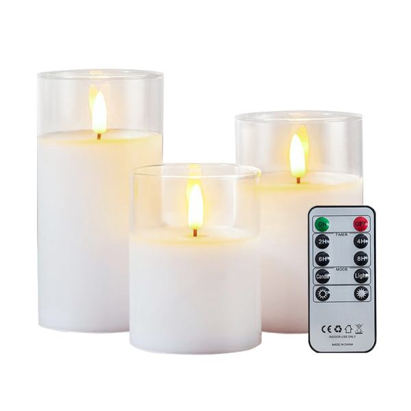 Remote Control Glass LED Candle Warm White Smokeless Pillar Candles Customized