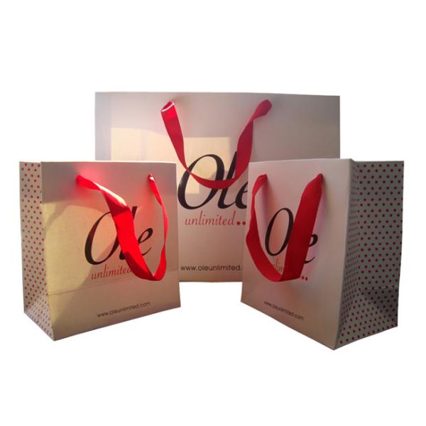Custom Printed White Paper Gift Bags Wholesale Spot UV Logo Ribbon Handle