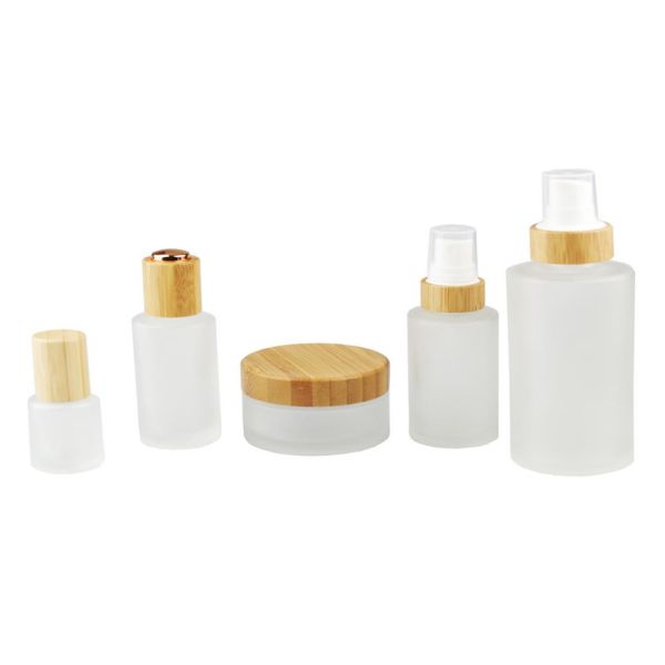 Frost Glass Empty Lotion Jars , Nail Polish Cosmetic Glass Bottles With Bamboo